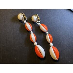 Rare Trifari Lucite Orange White Dangle Clip On Earrings